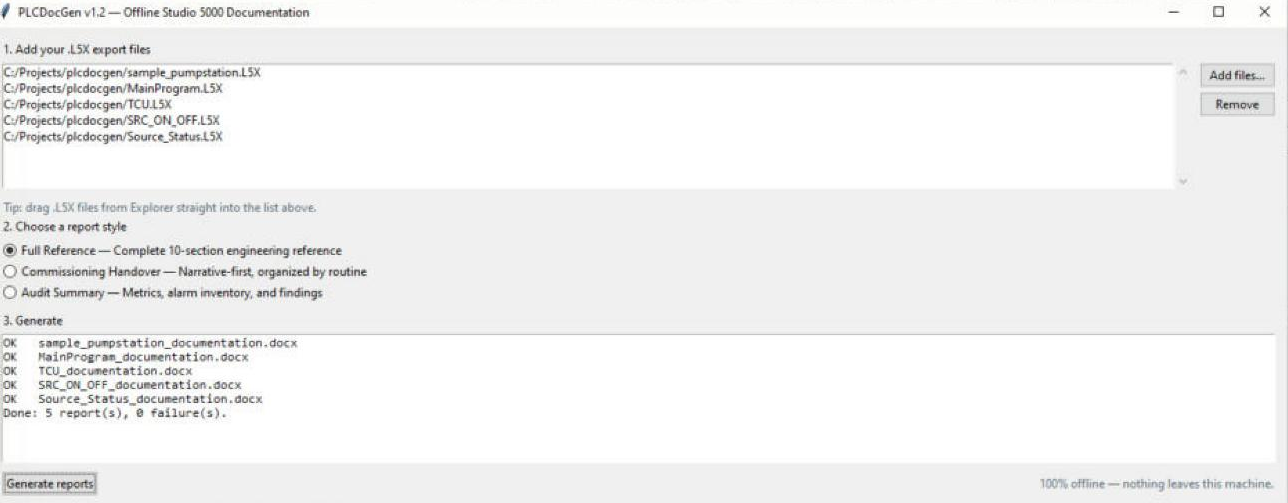 PLCDocGen Windows app: a batch of five .L5X exports loaded, three report styles to choose from, and five Word reports generated with zero failures